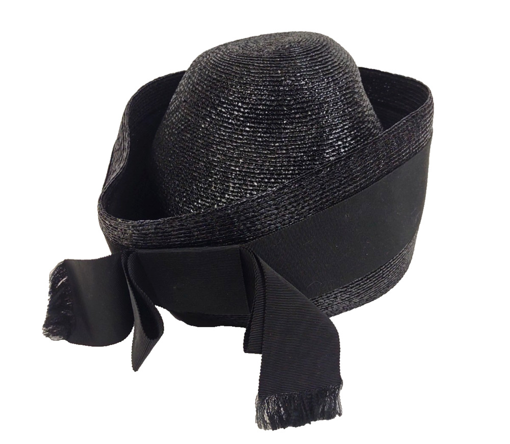 Mr John Jr Vintage Straw Pillbox Hat Black w Bow Union Made Fancy Church Formal